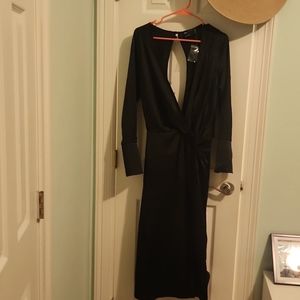 Satin bias cut drape midi dress with button detail in black